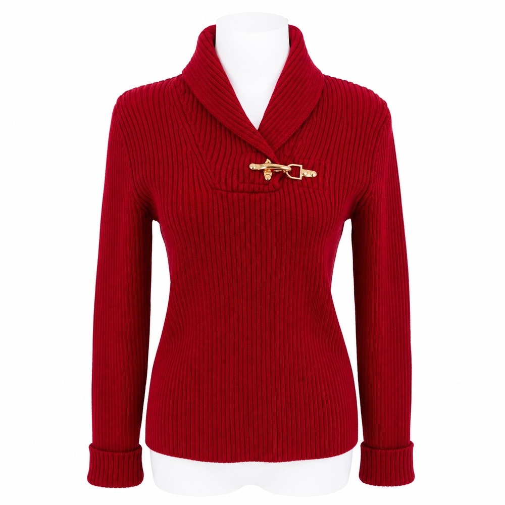 Lauren Ralph Lauren Red Ribbed Cotton Shawl‎ Collar Sweater Gold Clasp Womens M